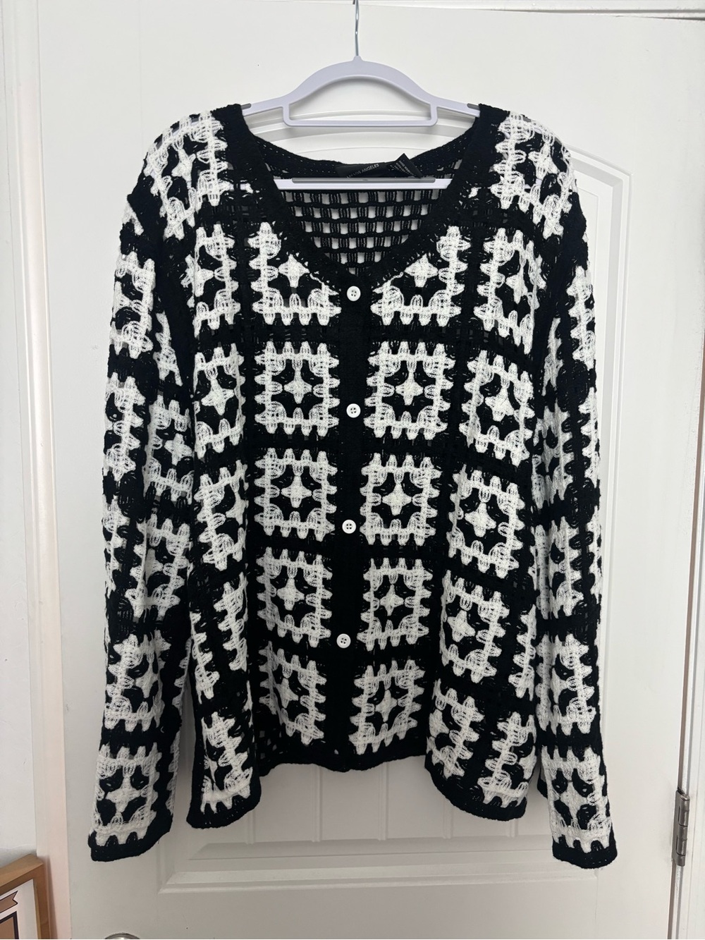 Black & White Crochet Button-Front Cardigan